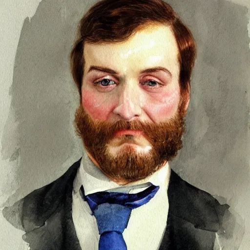 Prompt: Portrait of a handsome man with mutton chops. wearing a suit. colorful necktie, pale white face, long messy hair, long hair, ((red)) baggy eyes, tired eyes, tired face, disco smile, watercolor, brushstrokes, high detail, artstation, medium detail, by Ilya Repin