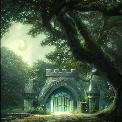 Image similar to a hidden gate in the trees, victorian setting, dramatic light, castle background, clouds, moon, storm, night, high detail, fantasy background, painted by greg rutkowski, digital art, trending on artstation