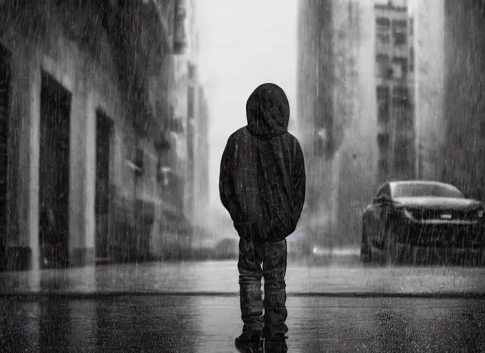 Image similar to boy from the back with a black hoodie and from the background an angel stares at him, empty city street at night, heavy rain, cars parked, dramatic lighting, cinematic, establishing shot, extremly high detail, photorealistic, cinematic lighting, epic fight scene, post processed