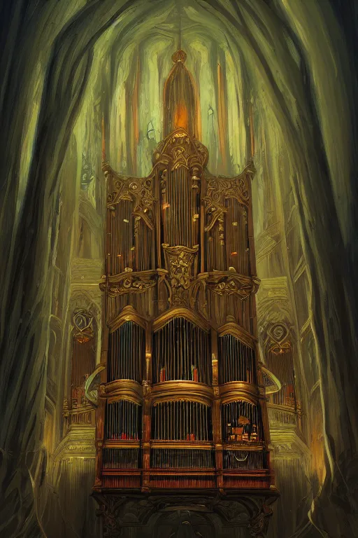 Image similar to illustration of close - up view of a haunted pipe organ, night by peter mohrbacher, by alex andreev, by jacek yerka, by alan lee, large depth of field, super detailed, digital art, trending on artstation