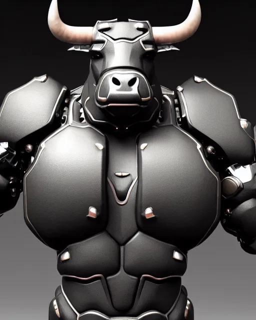 Prompt: a full body shot of an imposing cyborg bull modeled after a bull looking into the camera, contrast lighting, black skin!!!, hard rubber chest, highly detailed, android, cyborg, full body shot, intricate, 3 d, symmetrical, octane render, fantasy, highly detailed, digital art, artstation, strong bokeh