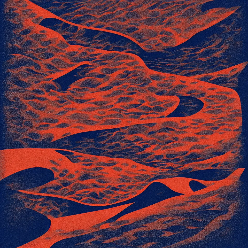 Prompt: surfable wave, mads berg, karolis strautniekas, film noir, stippled light, dramatic lighting, editorial illustration, detailed, fine texture, matte print, art deco, brutalism, dark blue + dark orange, red, black, ( ( habitat 6 7 background ) )