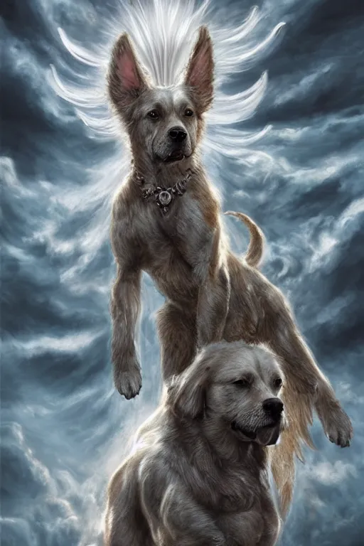 Image similar to Dog as a god with a radiant halo, detailed face, gorgeous, amazing, flowing hair, very muscular male body, partial anatomy, stormy background, caesar victorious, proud Emperor, crepuscular ray, intricate, highly detailed, 8K, digital painting, fantasy, artstation, concept art, sharp focus, over-shoulder shot, illustration, art by greg rutkowski beeple and alphonse mucha, laica chrose