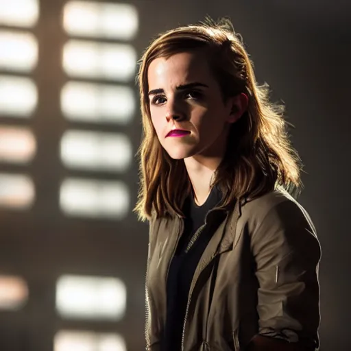 Image similar to Emma Watson in Kung Fury, XF IQ4, 150MP, 50mm, F1.4, ISO 200, 1/160s, natural light