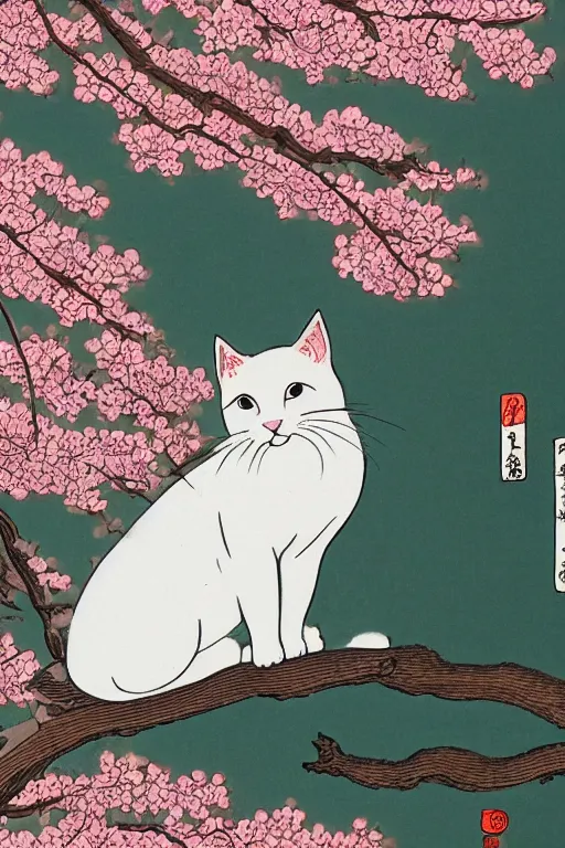 Prompt: white cat in sakura tree in the style of Utagawa Hiroshige, high resolution 4k