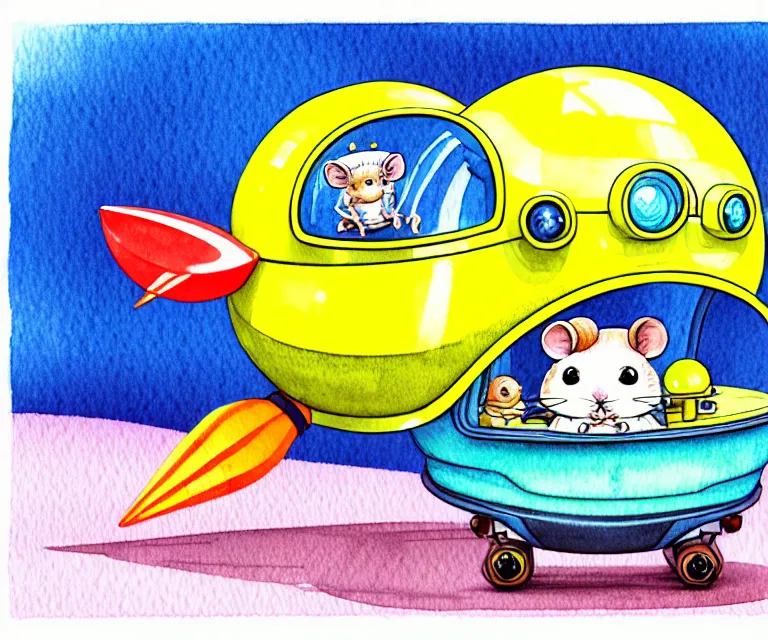 Prompt: cute and funny, hamster wearing a helmet riding in a tiny rocket ship, ratfink style by ed roth, centered award winning watercolor pen illustration, isometric illustration by chihiro iwasaki, edited by range murata, tiny details by artgerm and watercolor girl, symmetrically isometrically centered, focused