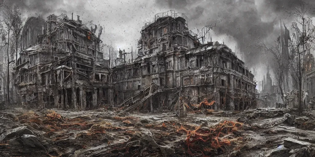Prompt: A building made out of flesh as concept art for Metro Exodus, raining blood, flesh buildings, buildings made from meat, oil painting, painting by Viktor Vasnetsov, concept art, dark cityscape, horror architecture, painting by Ivan Shishkin and Alphonse Mucha, inspired by HR giger and zdzisław beksiński, high resolution, trending on artstation,