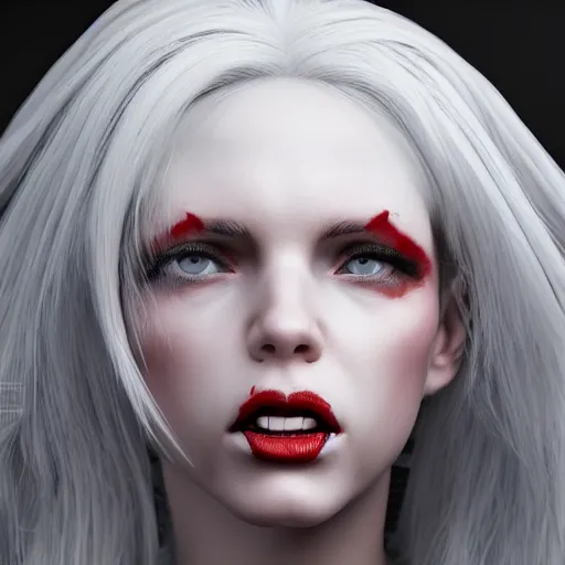 Image similar to a highly detailed portrait of a humanoid demon girl with white hair, red horns, in white clothes, artstation, deviantart, professional, unreal engine 5, photorealistic