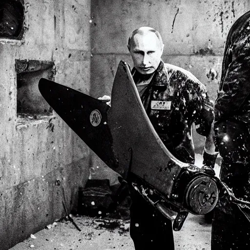 Image similar to putin with a chainsaw. in a concrete bunker with a pile of corpses. focus on putins face with blood splatters. canon eos r 3, f / 1. 4, iso 1 6 0 0, 1 / 8 0 s, 8 k, raw, grainy