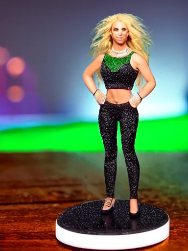 Prompt: a resin miniature of Britney Spears wearing crimped hair, black pants, and green glitter crop top in Warhammer, miniature product photo, full body, on textured disc base, 4K, HD