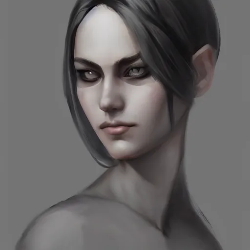 Prompt: concept art of a female character, blindfolded, face only, shoulders can be seen, short hair, gray background, trend on artstation, HD, digital painting