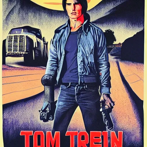 Prompt: Teen Horror movie poster, Tom Cruise as main character, highly detailed illustration by Richard Corben