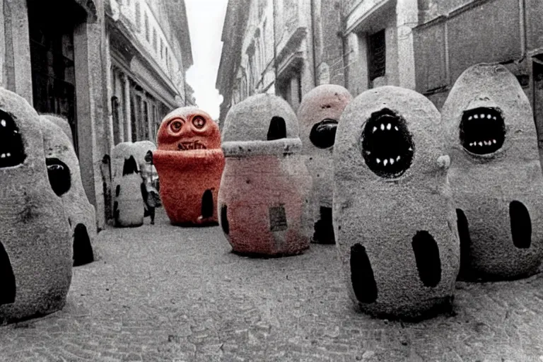 Image similar to colourful creepy umibozu monsters parading the streets of Rome, 1980 photograph, photo real