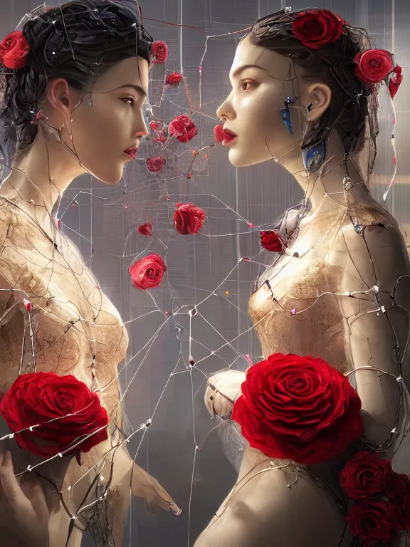 Image similar to a complex 3d concept art ultra detailed of two tulle wrapped perfect human face female half android queens praying together with wires tangled behind them connected to giant computer,bowknot, fine lace. GUCCI,sculpture,red rose, sparkling, jewel embellishment, cyberpunk 2077, film lighting, by Stanely Artgerm, Tom Bagshaw, Andrei Riabovitchev, aaron horkey, trending on pinterest,ZBrush, full of color, luxury, mythological, ultra realistic, high detail,golden ratio,cinematic lighting