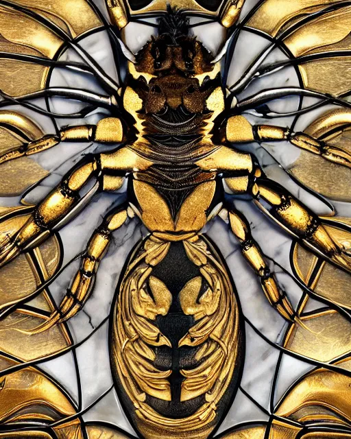 Image similar to symmetry, white marble bas relief sculpture with gold kintsugi, abstract patterns, feminine shapes, crabs, spiders, scorpions, tarantulas, stunning, highly detailed, intricately detailed, art nuevo, octane, 8 k, hdr, art by hr geiger and ridley scott and alphonse mucha, trending on artstation