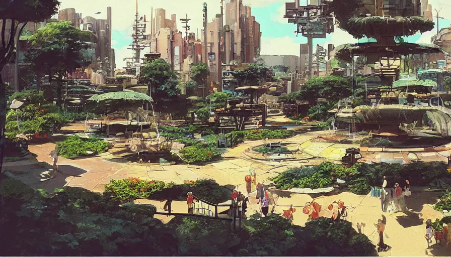 Image similar to “ craig mullins and studio ghibli illustration of 1 9 8 0 s shopping mall, lush landscape, 1 9 8 0 s pop culture landscape, big fountains, unreal engine, hyper realism, realistic shading, cinematic composition, realistic render, octane render, detailed textures, photorealistic, wide shot ”