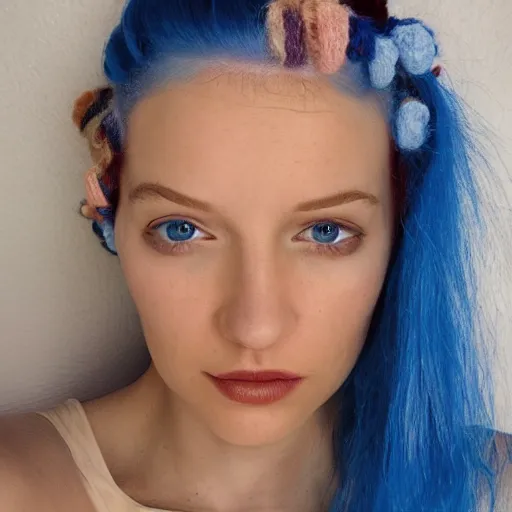 Image similar to A photo of a caucasian female model with blue hair wearing a crocheted croptop.