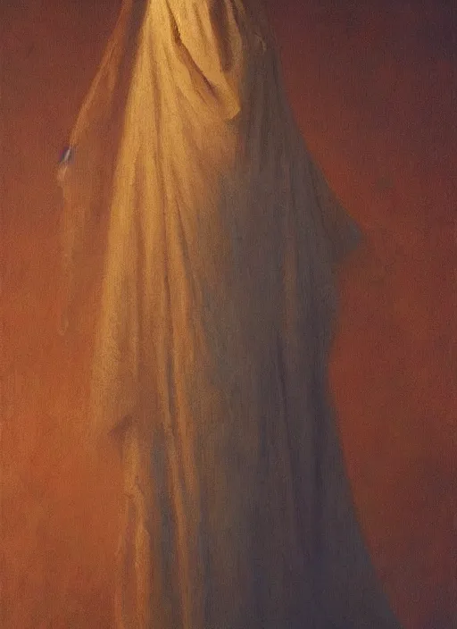 Prompt: a silhouette dressed with a shroud wearing a golden mask, by jean delville and sophie anderson and mandy jurgens, composition, elegant, not cropped, extremely detailed, hd, masterpiece, artstation