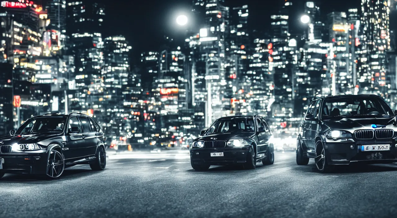 Prompt: photo of a black bmw x 5 2 0 0 3 at night driving fast through a city, cinematic, 4 k, long exposure photography, tokyo drift, fast and furious, kodak portra 4 0 0