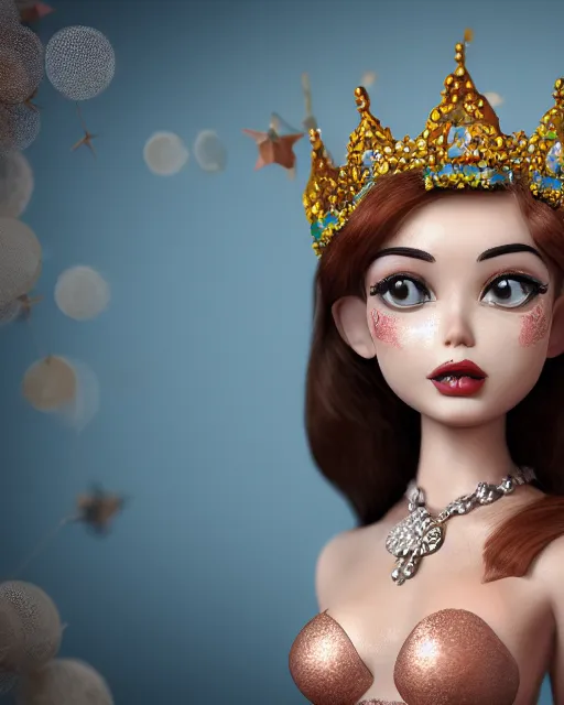 Image similar to closeup face profile portrait of a tin toy fairytale princess wearing a crown eating cakes, bikini, depth of field, zeiss lens, detailed, symmetrical, centered, fashion photoshoot by max fleischer, hyperrealistic, octane render