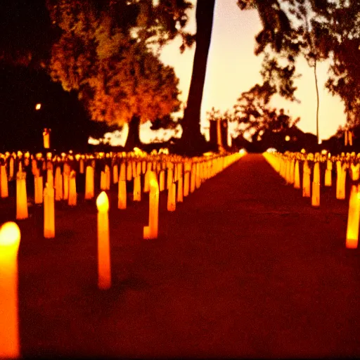 Image similar to film photography film photography of a Mexican cemetary at night, lit with candles, Leica M6, cinestill 800, Noctilux 50mm