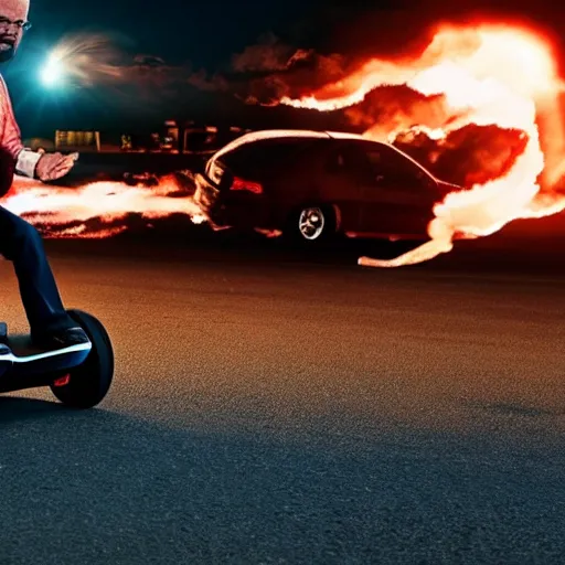 Prompt: photo of walter white on a hoverboard with an exploding car behind him, color, cinematic lighting