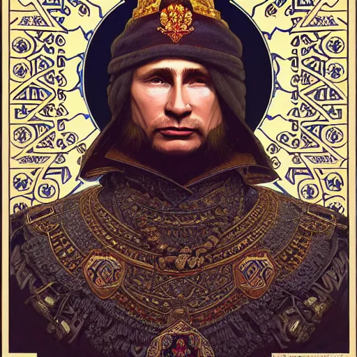 Image similar to a portrait of ( male ) putin, upper half portrait, decorated with russian motifs, traditional russia, intricate, rugged, highly detailed, symmetry, headpiece, digital painting, artstation concept art smooth sharp focus, illustration, art by artgerm and greg rutkowski alphonse mucha 8 k