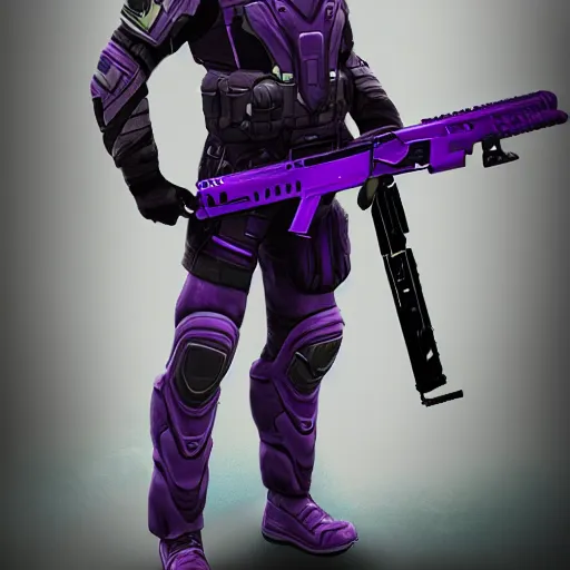 Image similar to vanu soldier, tall, helmet, purple and black clothes, heavy gun, full body, full portrait