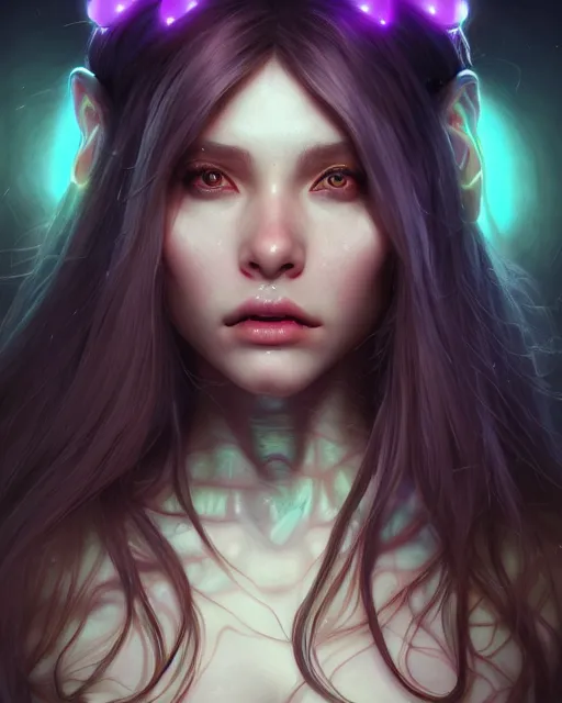 Prompt: portrait of a cute female fangtooth, bioluminescent, veins, horror, happy, highly detailed, digital painting, cinematic, hyperrealism, dark retrowave, art by stanley lau and artgerm and magali villeneuve and alphonse mucha, artstation, octane render, cgsociety