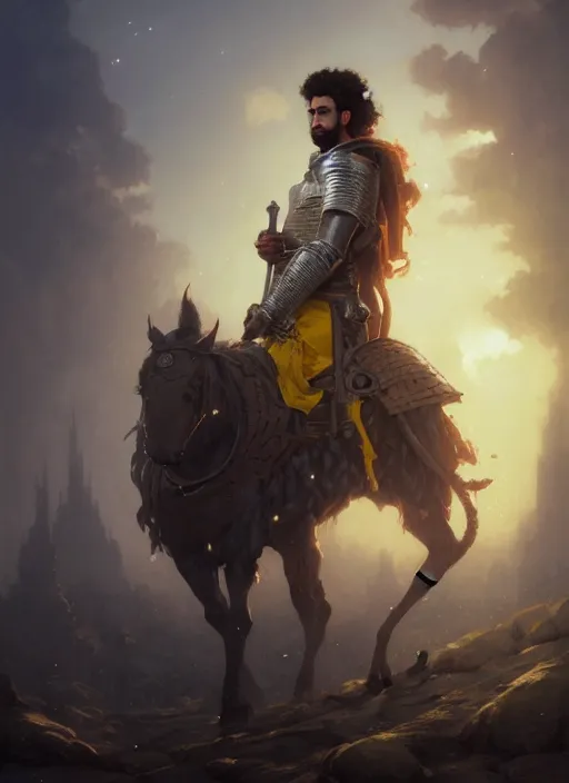 Image similar to highly detailed portrait arab man curly hair knight, hero, yellow charcoal, stephen bliss, 8 k, unreal engine, fantasy art by greg rutkowski, loish, rhads, ferdinand knab, makoto shinkai and lois van baarle, ilya kuvshinov, rossdraws, tom bagshaw, global illumination, radiant light, detailed and intricate environment