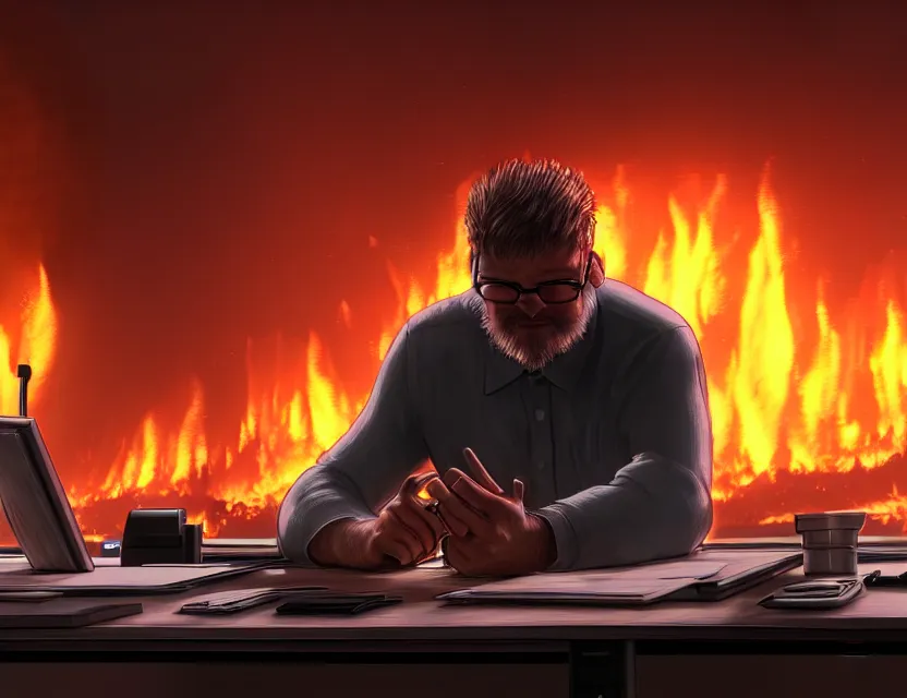 Prompt: a man sit at a workstation in a big office and looks at the burning fires, close up, featured in artstation, intricate, ultra detailed, unreal engine, concept art, wide - angle lens, sharp focus, illustration, 8 k