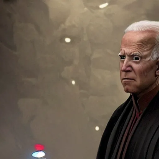 Prompt: Darth Biden, Joe Biden dressed as a sith lord in the new star wars, he's half machine now, promo still