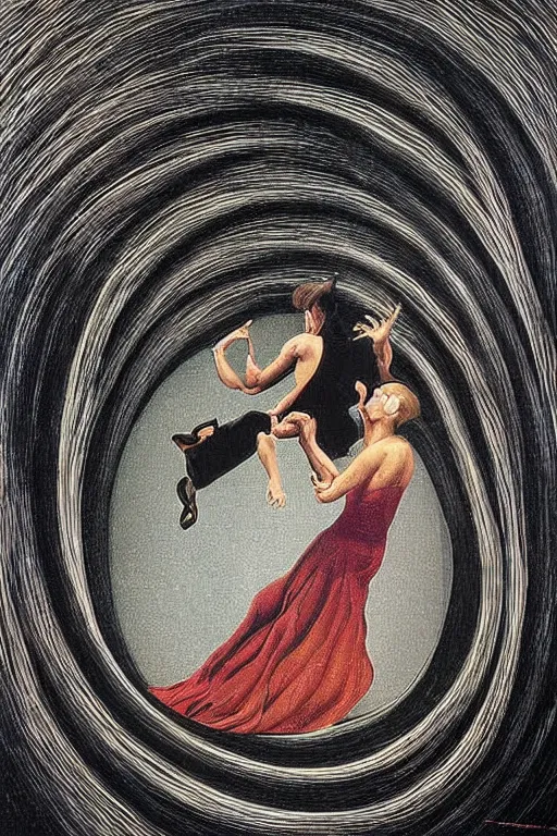 Image similar to optical illusion painting of a couple dancing in a worm hole, illusionism, look twice, mind blow, by damien gilley and salvador dali, detailed