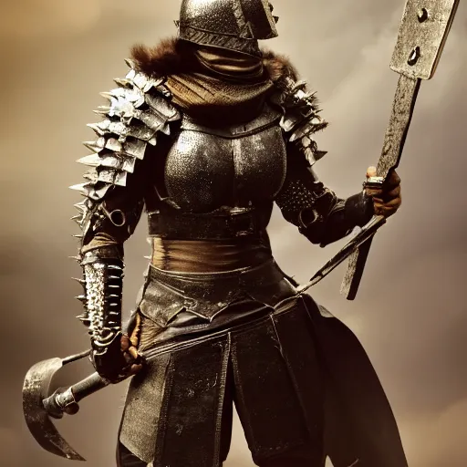 Prompt: full body photo of afemale warrior with spiky armour with a medieval flail, highly detailed, dramatic lighting, cinematic, 4k