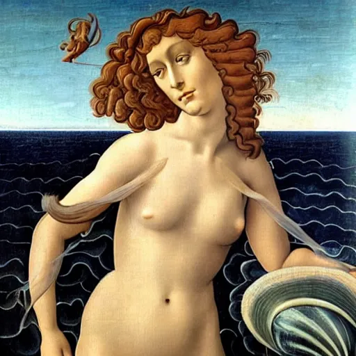Prompt: standing portrait of Whitney Houston as Botticelli's Venus standing on a sea shell, as in birth of venus, accurate face