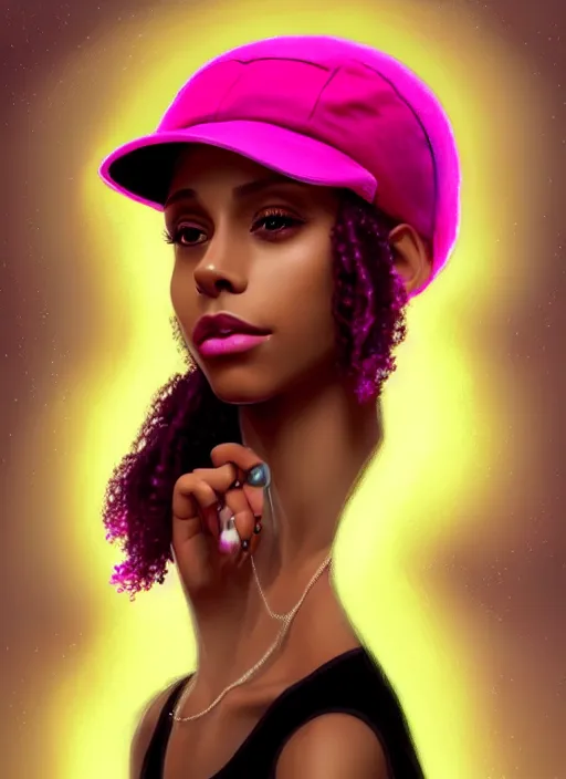 Image similar to portrait of teenage vanessa morgan with bright pink hair, black girl, vanessa morgan, curly pixie cut hair, wearing newsboy cap, newsboy cap, hoop earrings, intricate, elegant, glowing lights, highly detailed, digital painting, artstation, concept art, smooth, sharp focus, illustration, art by wlop, mars ravelo and greg rutkowski