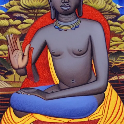 Image similar to contented peaceful congolese!!! bodhisattva, praying meditating, in a scenic environment, detailed, portrait by ernie barnes and gerard sekoto