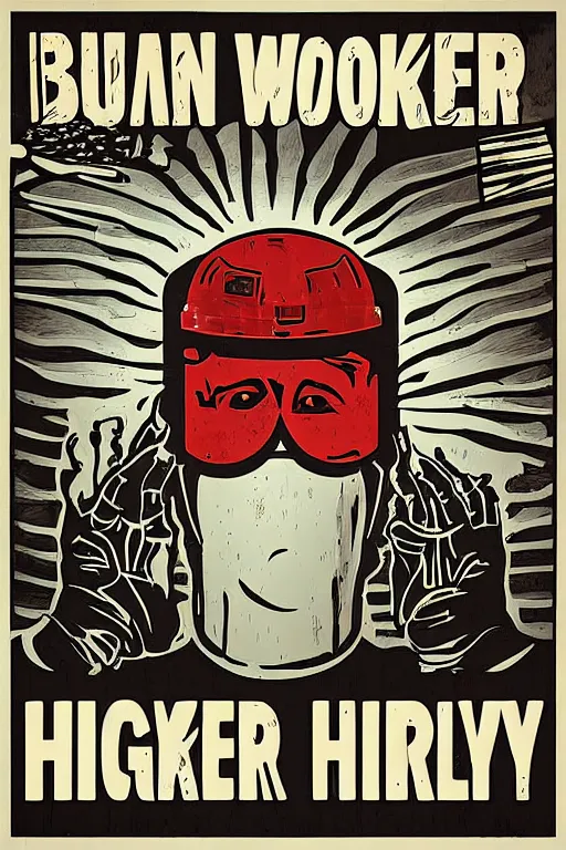 Prompt: worker burn factory with oculus through his head, poster propaganda art style, higly detailed