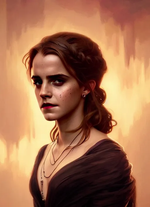 Image similar to portrait of emma watson as a vampire queen, jewelry, greek, saphire, intricate, headshot, highly detailed, digital painting, artstation, concept art, sharp focus, cinematic lighting, illustration, art by artgerm and greg rutkowski, alphonse mucha, cgsociety