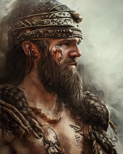 Image similar to Viking warrior, strong, portrait, intricate tattoos, war paint, detailed, volumetric lighting, scenery, digital painting, highly detailed, artstation, sharp focus, illustration, concept art, ruan jia, steve mccurry