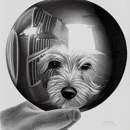 Prompt: self portrait of a havanese dog reflecting into a chrome sphere, pen on paper, by mc escher