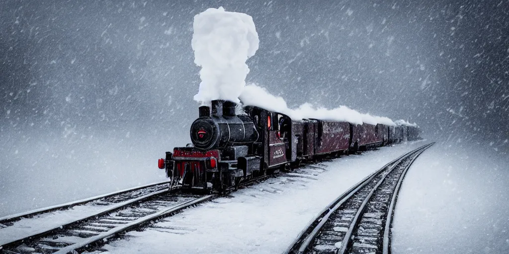 Image similar to a high detail photograph of a heavy steam train in the snow under a blizzard, realism, 4 k, award winning photograph, octane render, award winning photograph