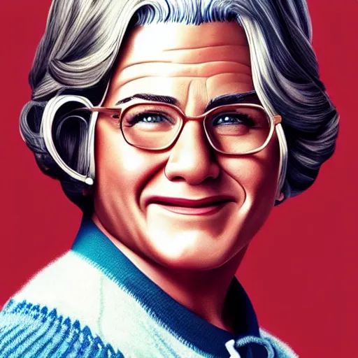 Image similar to jennifer aniston as mrs doubtfire, pixar cute, highly detailed, sharp focus, digital painting, artwork by Victor Adame Minguez + Yuumei + Tom Lovell + Sandro Botticelli