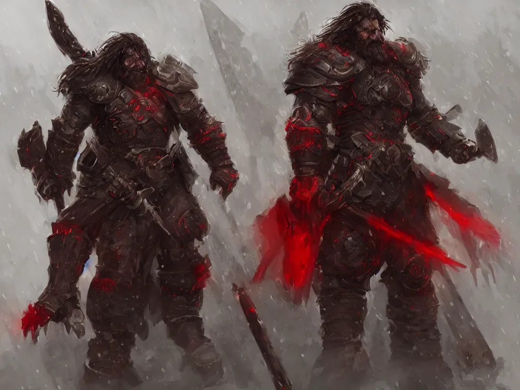 Prompt: Concept art of a barbarian, clad in black and red armor, with a humongous axe, black messy hair and unkempt beard, artstationHD, Fantasy