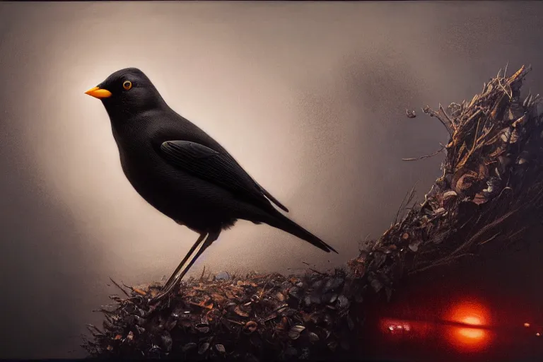 Image similar to hyperrealistic mixed media painting of a blackbird singing in the dead of night, dim volumetric lighting, 8k octane beautifully detailed render, post-processing, portrait, extremely hyper-detailed, intricate, epic composition, cinematic lighting, masterpiece, trending on artstation, stunning, art by P. Craig Russell and Barry Windsor-Smith