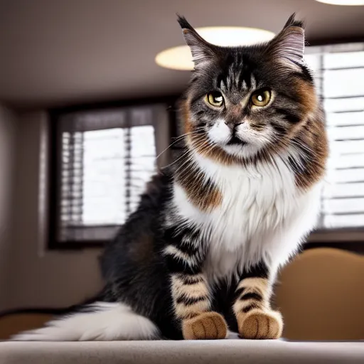 Prompt: very cute huge calico main coon towers over shorthair domestic cat in office, portrait, pixar style, cinematic lighting, award winning creature portrait photography