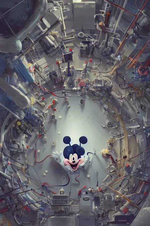 Image similar to top view of many mechanics in lab facility looking at bloody mickey mouse head lifted by claw, made by beeple, cgsociety, artgerm, greg rutkowski, highly detailed intricate 4 k art, low light cinematic, octane render, unreal engine, smooth concept art