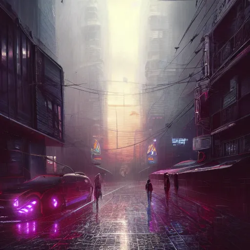 Image similar to Rain at night in a cyberpunk city, fantasy, medieval, vivid colrs, elegant, concept art, sharp focus, digital art, Hyper-realistic, 4K, Unreal Engine, Highly Detailed, HD, Dramatic Lighting by Brom, trending on Artstation