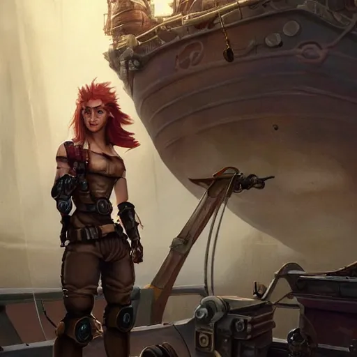 Image similar to muscular beautiful female gnome engineer with pixie undercut hair, one prosthetic robot arm, standing on a ship deck, full body portrait, dark fantasy, naval background, D&D, piercing stare, highly detailed, digital painting, HD, ArtStation, great composition, concept art, matte, sharp focus, illustration, in the style of Greg Rutkowski, joyful 4k