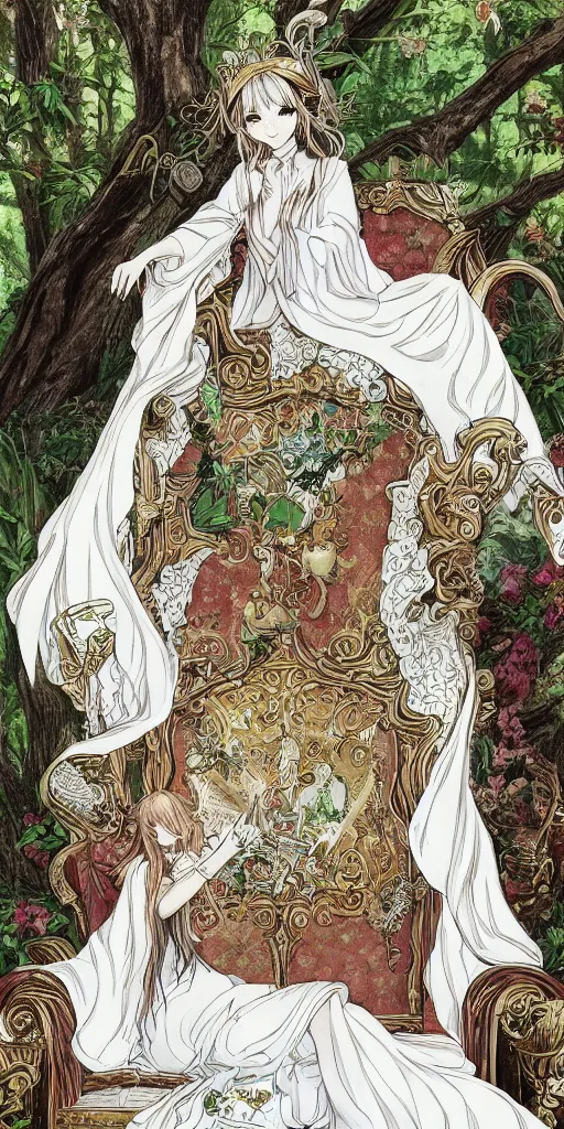 Image similar to an highly detailed magical empress sitting by herself on a sofa in a forest wearing a white robe drawn by cloverworks studio, elegant, beauty, tarot card, Tarot card the empress